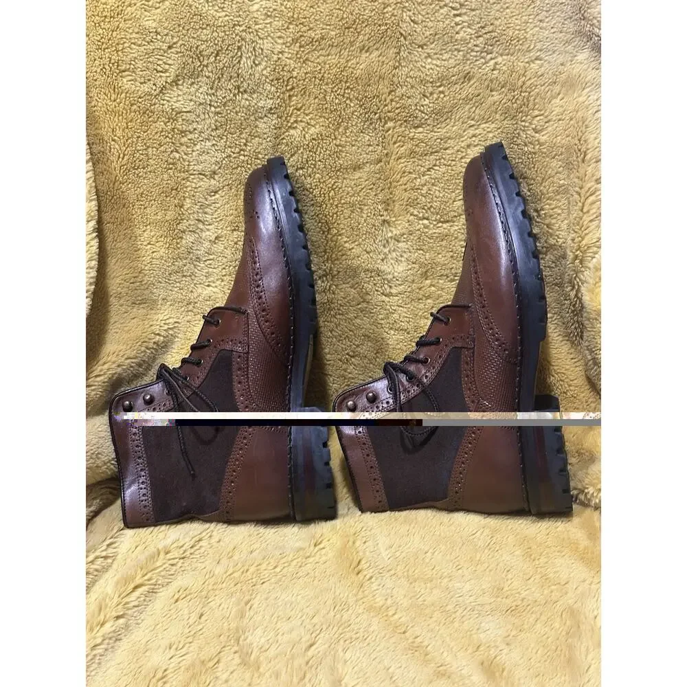 Johnston Murphy Mens Sz 8.5 Boots Brown Leather Wingtip Shearling Wool Sheepskin
